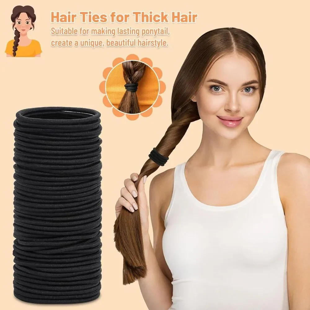 Women's 200 Pcs Black Hair Ties Elastics Ponytail Bands for Thick Curly Hair